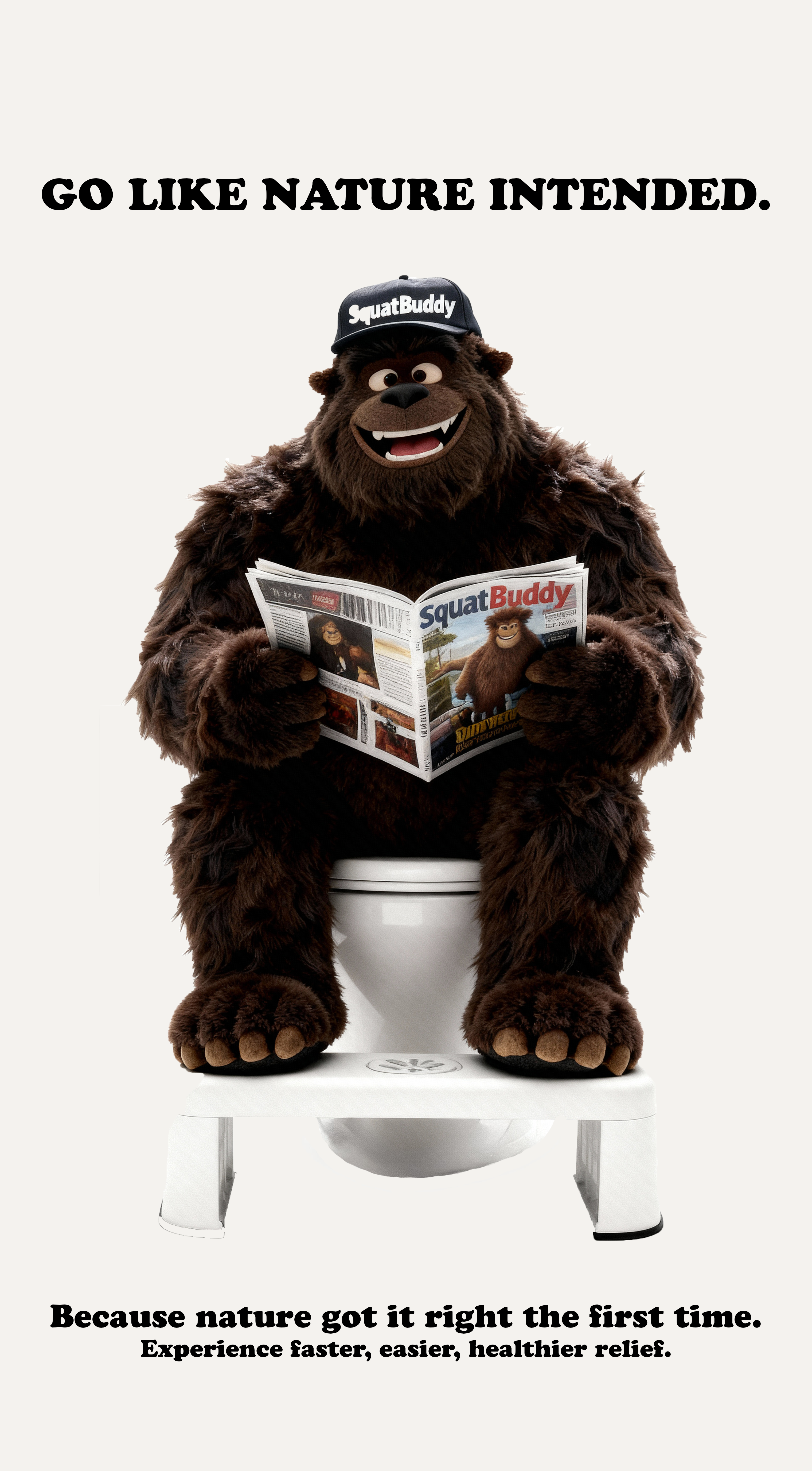 Animated bear character sitting on a toilet using a SquatBuddy toilet stool