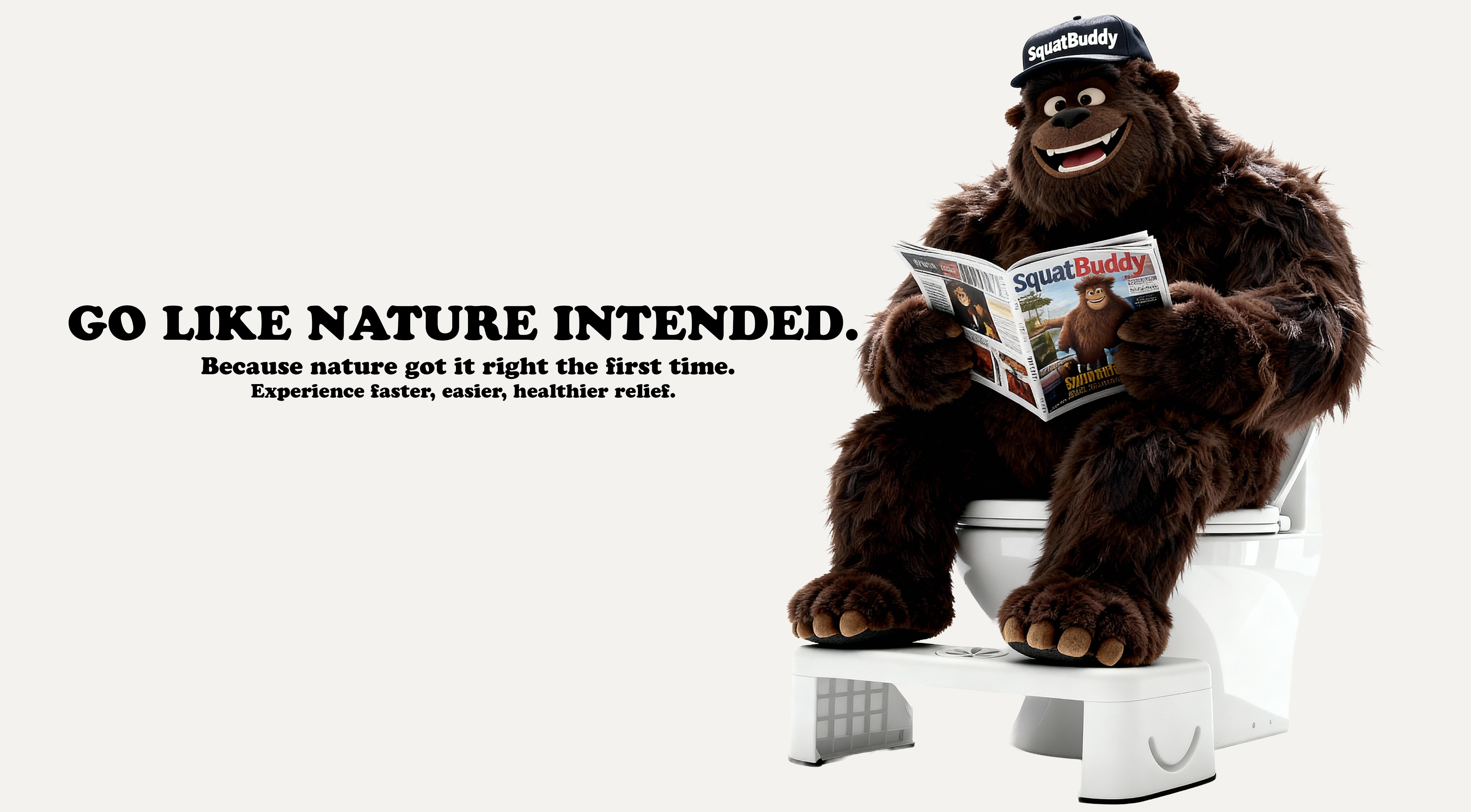 Animated bear character sitting on a toilet using a SquatBuddy toilet stool reading a newspaper with a title saying 