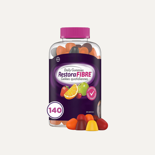 Bottle of RestoraFibre daily gummies on a white background (140 gummies)