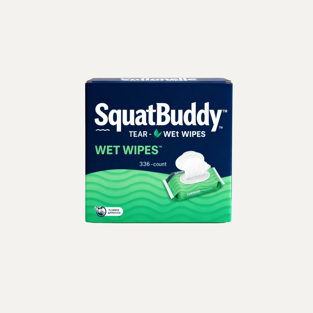 Box of SquatBuddy Flushable wet wipes on a white background