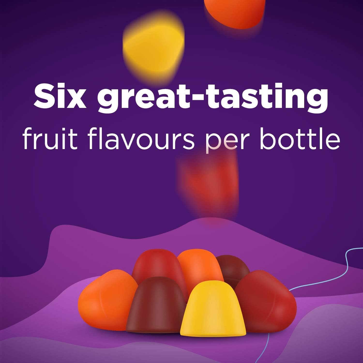 Colorful fruit-shaped fibre gummies on a purple background with text about fruit flavors.