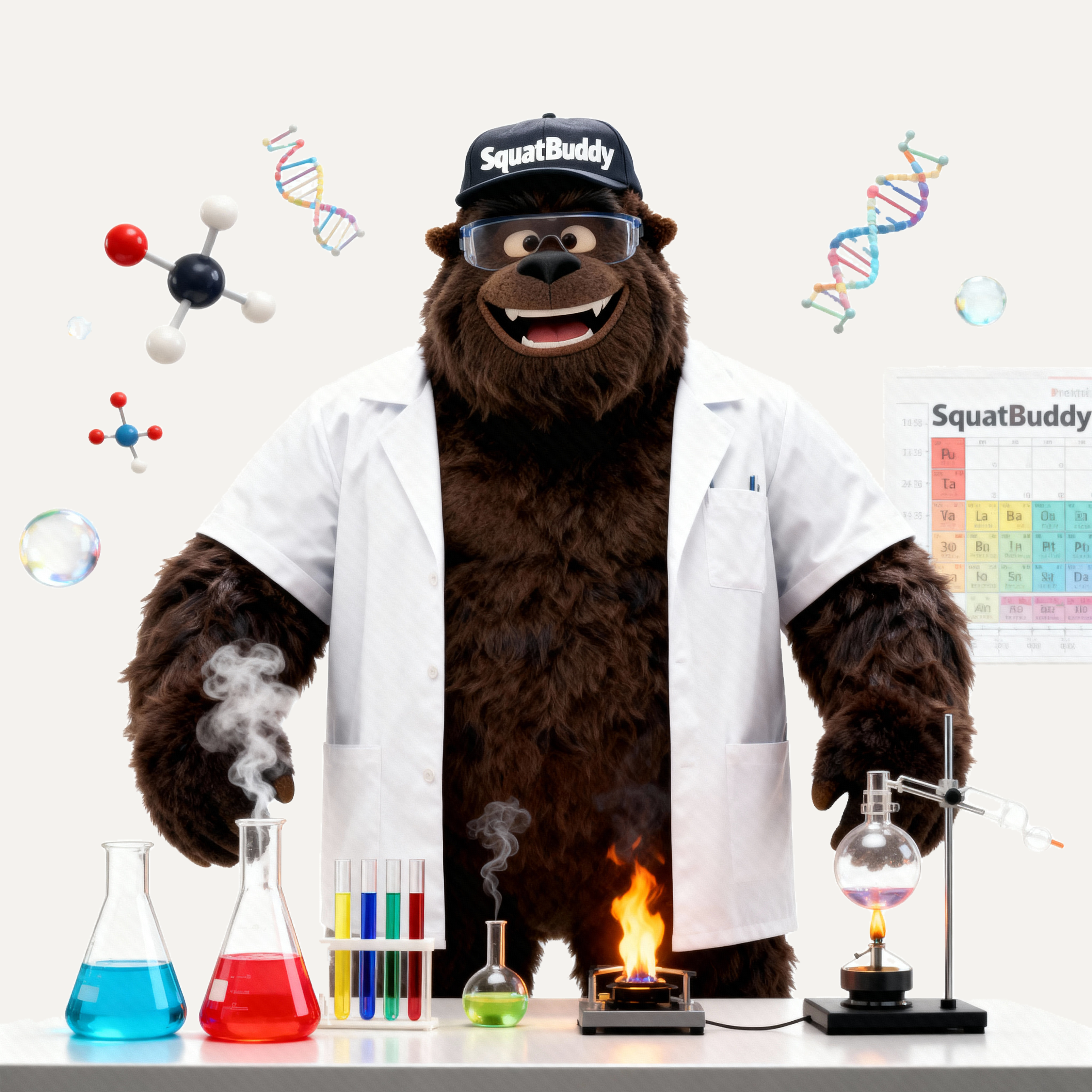 Fluffy bear with a lab coat and SquatBuddy cap on, surrounded by laboratory equipment and chemicals.