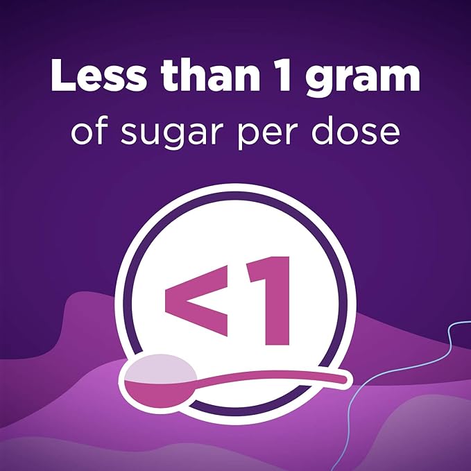 Icon of a spoon with a '<1' symbol on a purple background, indicating less than 1 gram of sugar per dose.