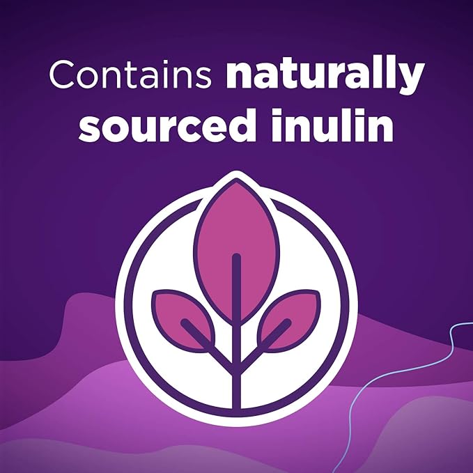 Purple background with a leaf symbol and text indicating 'naturally sourced inulin'.