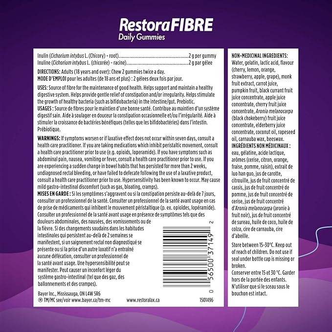 RestoraFIBRE Daily Gummies ingredients, directions and warnings on a purple background