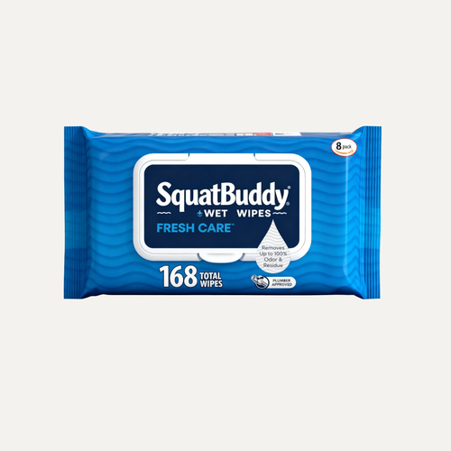 SquatBuddy Fresh Care flushable wet wipes packaging on a white background