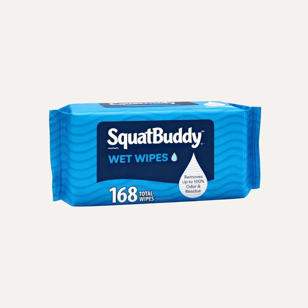 SquatBuddy flushable wet wipes packaging on a light gray background