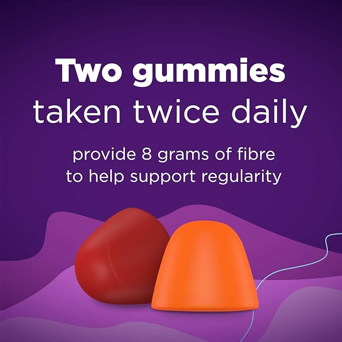 Two gummies on a purple background with text about fibre support.