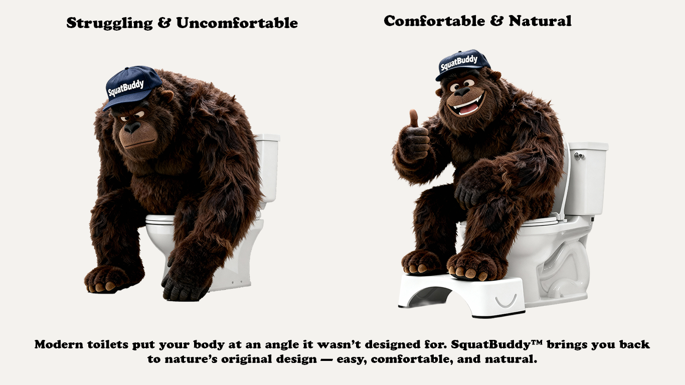 Two human-like bears on toilets labeled 'Struggling & Uncomfortable' and 'Comfortable & Natural' with text about SquatBuddy.